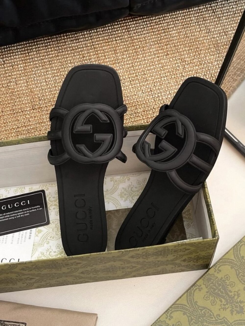 Gucci Black Rubber Slides – Interlocking G, with Original Box